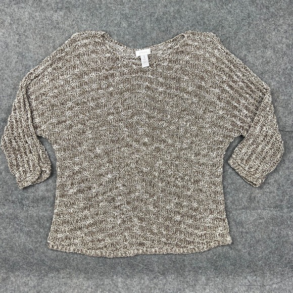 Chico’s‎ Sweater Womens Medium 1 Gold Metallic Cable Knit Pullover Stretch Top - Picture 1 of 10